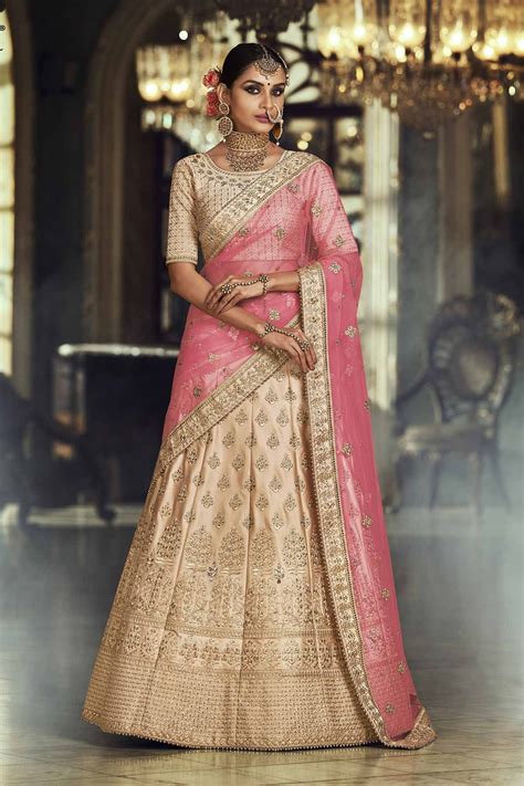 Buy Chickoo And Pink Satin Silk Indian Wedding Lehenga In Uk Usa And Canada Party Wear