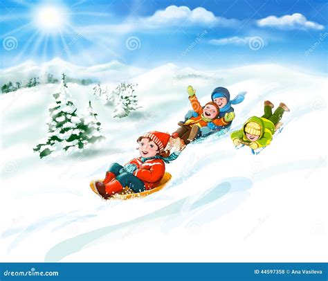 Kids With Sledges Snow Happy Winter Vacation Stock Illustration