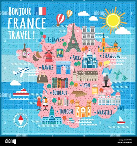 Attractive France Travel Map With Attractions And Specialties Stock