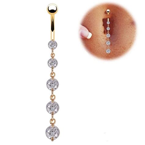 fashion glitter crystal gold long dangle navel belly ring piercing high quality surgical steel