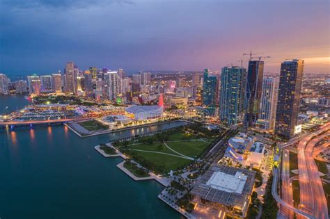 Drone Image Downtown Miami At Twilight Amazing Colors Stock Image