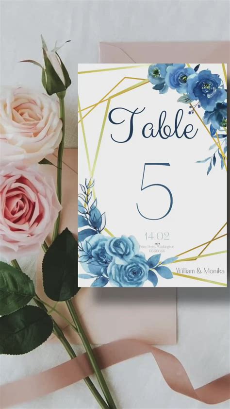 Editable Wedding Template Blue Floral Wedding Table Number Seating