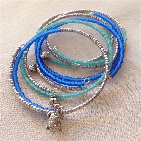 This Sea Inspired Set Of Six Bracelets Features Complimentary Ocean Blue Seafoam Green And