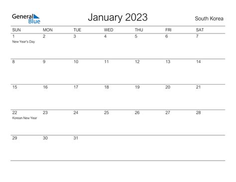 January 2023 Calendar With South Korea Holidays
