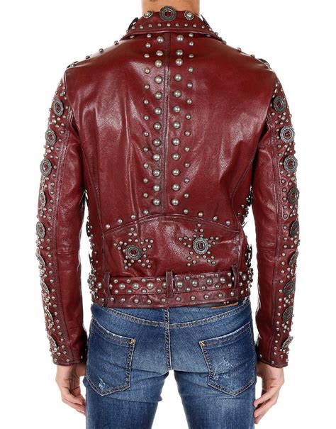 New Mens Burgundy Color Mens Rock Punk Studded Leather Jacket Outerwear