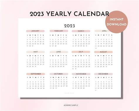 2023 Yearly Calendar Printable Year At A Glance Calendar Etsy Canada