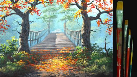 How To Paint Autumn Landscape With Trees On Hanging Bridge By Jm