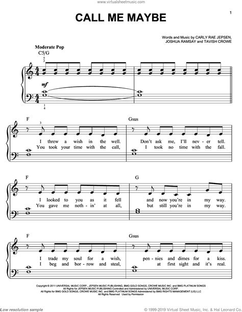 jepsen call me maybe sheet music for piano solo [pdf]