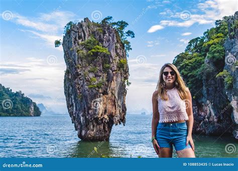 Girl In Front Of Iconic Island In Phang Nga Bay Thailand Stock Image Image Of Girl Happy