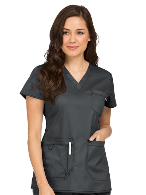 Med Couture Womens V Neck 3 Pocket Scrub Top Pewter Xs