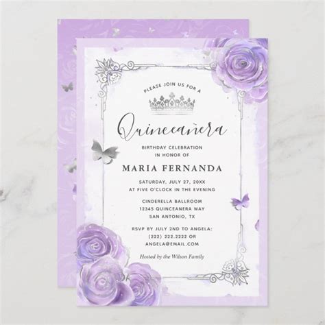 silver light purple roses elegant quinceanera invitation