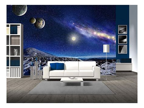 Wall Night Space Landscape Milky Way Galaxy And Planets Over Mountains Removable Wall Mural