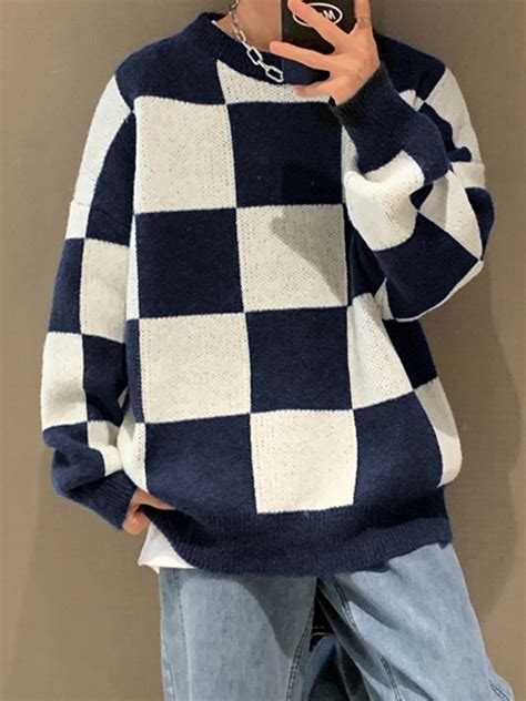 Emmiol Free Shipping 2024 Mens Checkerboard Print Pull Over Sweater