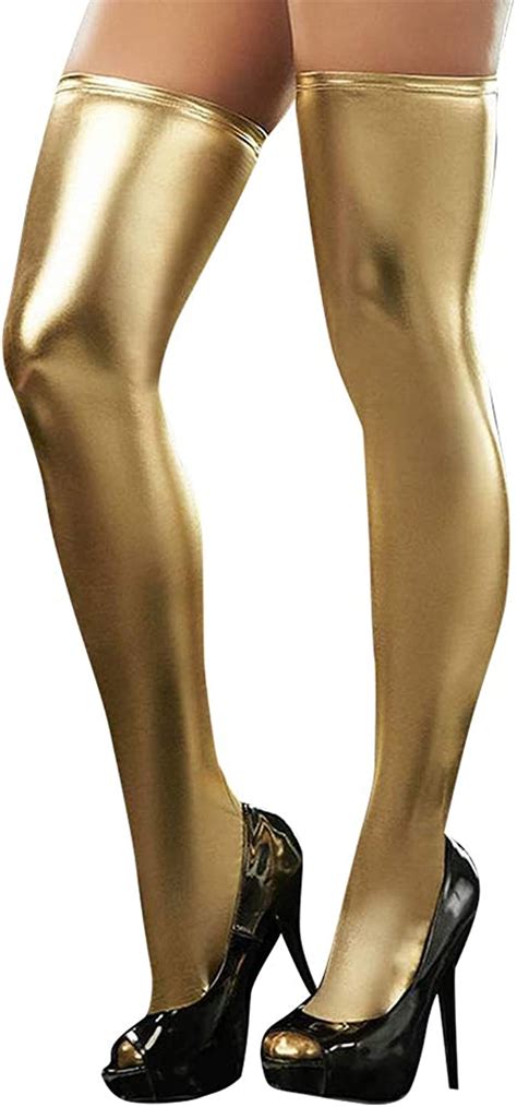 Flyrose Womens Sexy Metallic Wet Look Thigh High Stockings Rave Booty Dance Long