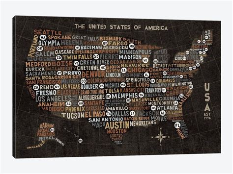 Us City Map Black With States By Michael Mullan Canvas Print 40 L X 26