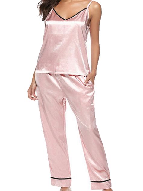 Hopiumy Women Ladies Silk Soft Satin Pajamas Set Sleeveless Toppant