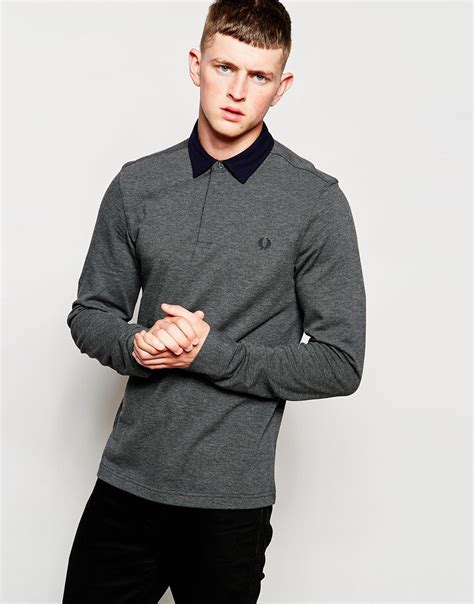 Fred Perry Long Sleeve Polo Shirt With Woven Trim In Gray In Gray For