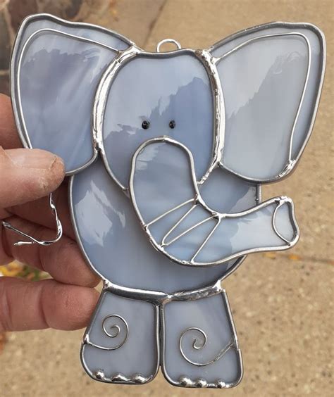 Elephant Stained Glass Suncatcher Gray Elephant Window Art Etsy