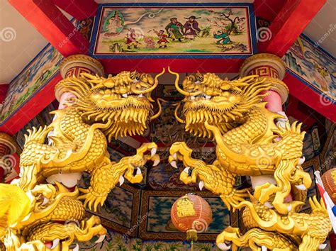 Gold Dragon Statues In Chinese Religious Venues Stock Image Image Of
