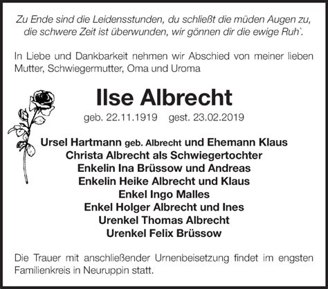 Traueranzeigen Von Ilse Albrecht Märkische Onlinezeitung Trauerportal