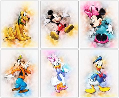 Mickey Mouse Original Watercolor Prints Set Of 6 Wall Art Prints For