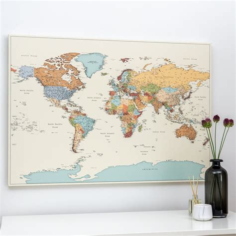 Large Push Pin World Map Detailed Political Canvas Travel Etsy Push