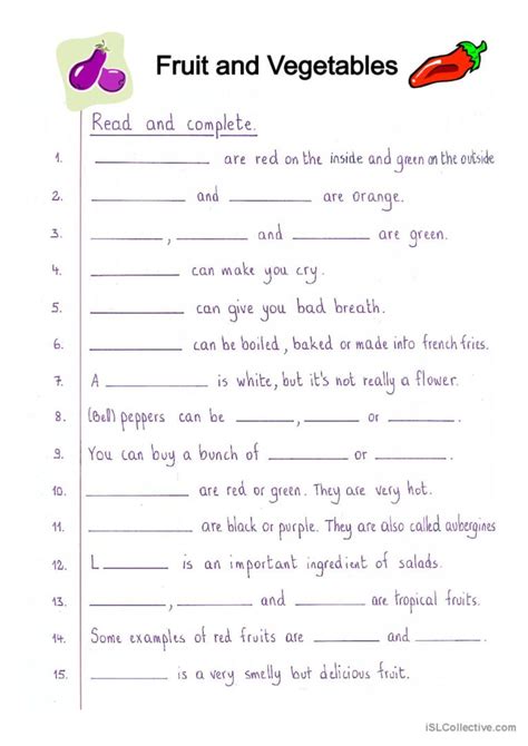 Read And Complete Fruit And Vegeta English Esl Worksheets Pdf And Doc