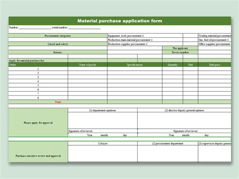Excel Of Material Purchase Application Formxlsx Wps Free Templates