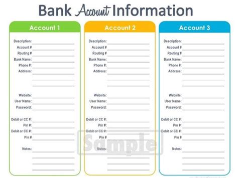 Bank Account Information Printable Fillable Personal Etsy Finance