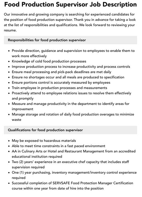 Food Production Supervisor Job Description Velvet Jobs