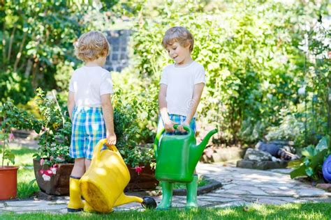 Two Little Kid Boys Watering Plants Greenhouse Summer Stock Photos