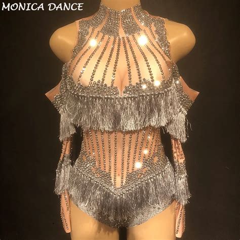 sexy nightclub stage luxury sparkly crystals tassel bodysuit costume celebrate rhinestones