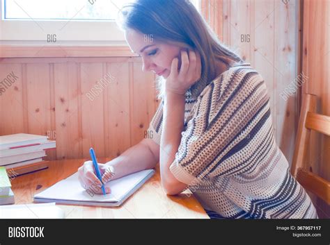 Woman Writing Text On Image And Photo Free Trial Bigstock