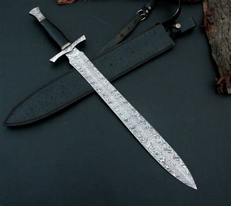 Custom Handmade Damascus Steel Sword With Leather Sheath Nb Knives