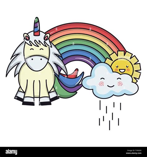 Cute Adorable Unicorn With Clouds Rainy And Rainbow Vector Illustration