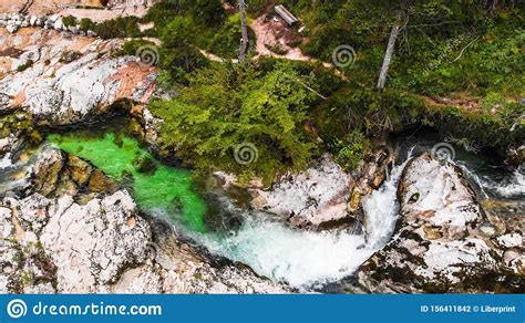 Beautiful Turquoise Blue Water In The Forest River Mostnica Gorge In