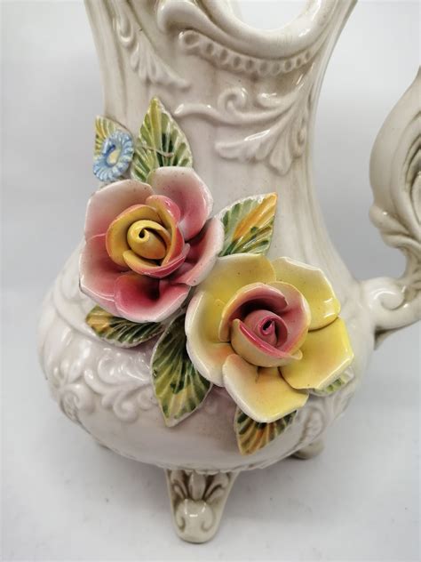 Capodimonte Victorian Pitcher Porcelain Flowers Baroque N Crown Mark
