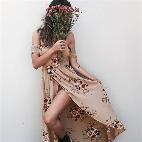 Boho Style Long Dress Women Off Shoulder Beach Summer Dresses Floral Print Vintage Chiffon White