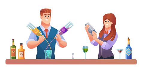Male And Female Bartender Characters Mixing Drinks Concept Illustration