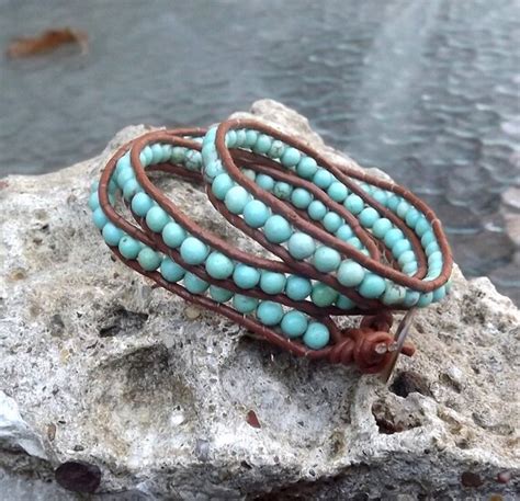 Leather Wrap Bracelet Beaded With Turquoise Dyed Magnesite
