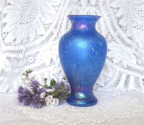 Vintage Heron Blue Iridescent Glass Vase Hand Made Glass Etsy