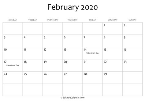 Editable Calendar February 2020