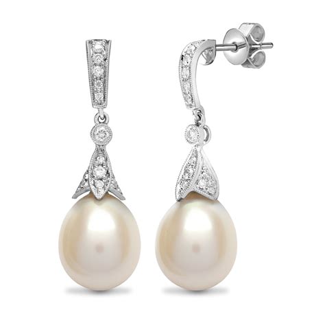 Ct White Gold Pt Diamond Pearl Drop Earrings