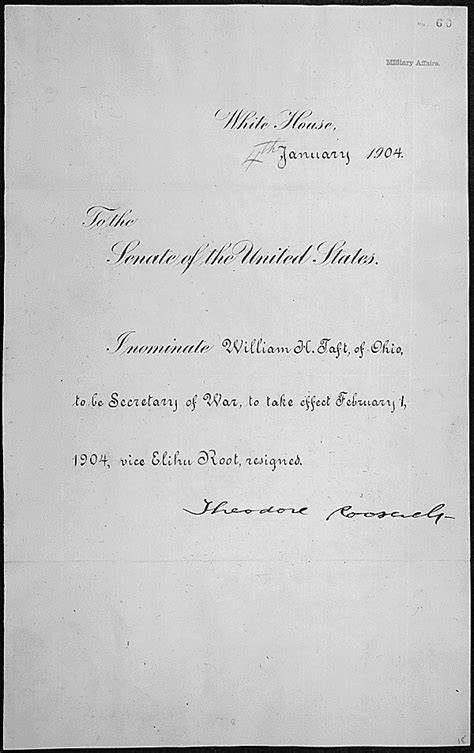 Message Of President Theodore Roosevelt Nominating William H Taft Of