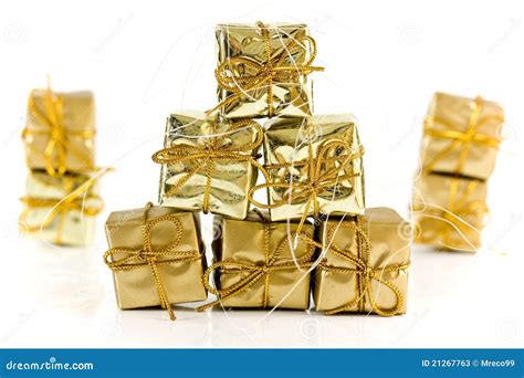 Gold Wrapped Parcels On White Stock Image Image Of Pyramid Giving