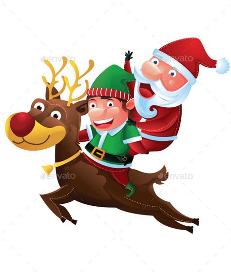 Santa And Elf Riding A Reindeer Graphicriver