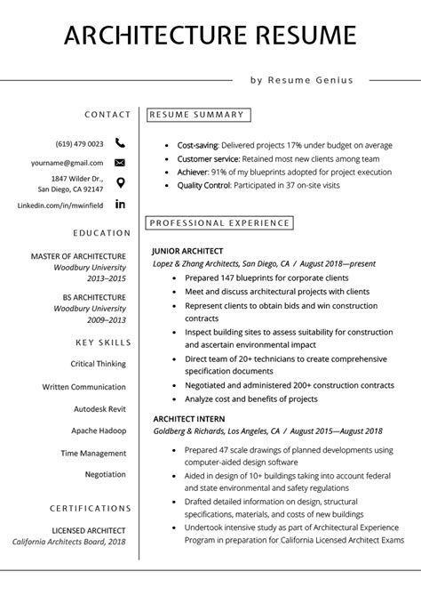 architecture resume sample   resume genius