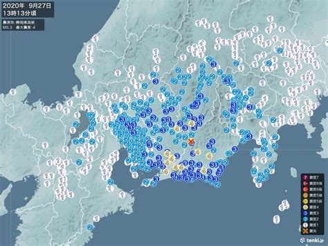 地震の発生日時・最大震度 ～ ＜ 今年 ＞ ＜ 今月 ＞ 全期間 前10年 前1年 前1月 地震情報 2020年09月27日 13時13分頃発生 最大震度：4 震源地：静岡 ...