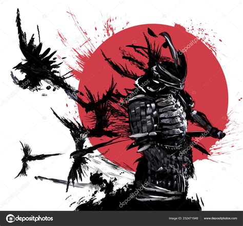 Samurai Stands Red Sun Flock Crows Flying Out His Back — Stock Photo