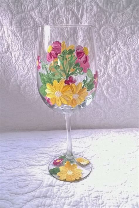 Yellow And Pink Flowers Hand Painted Wine Glass Hand Painted Wine Glass Painted Wine Glass